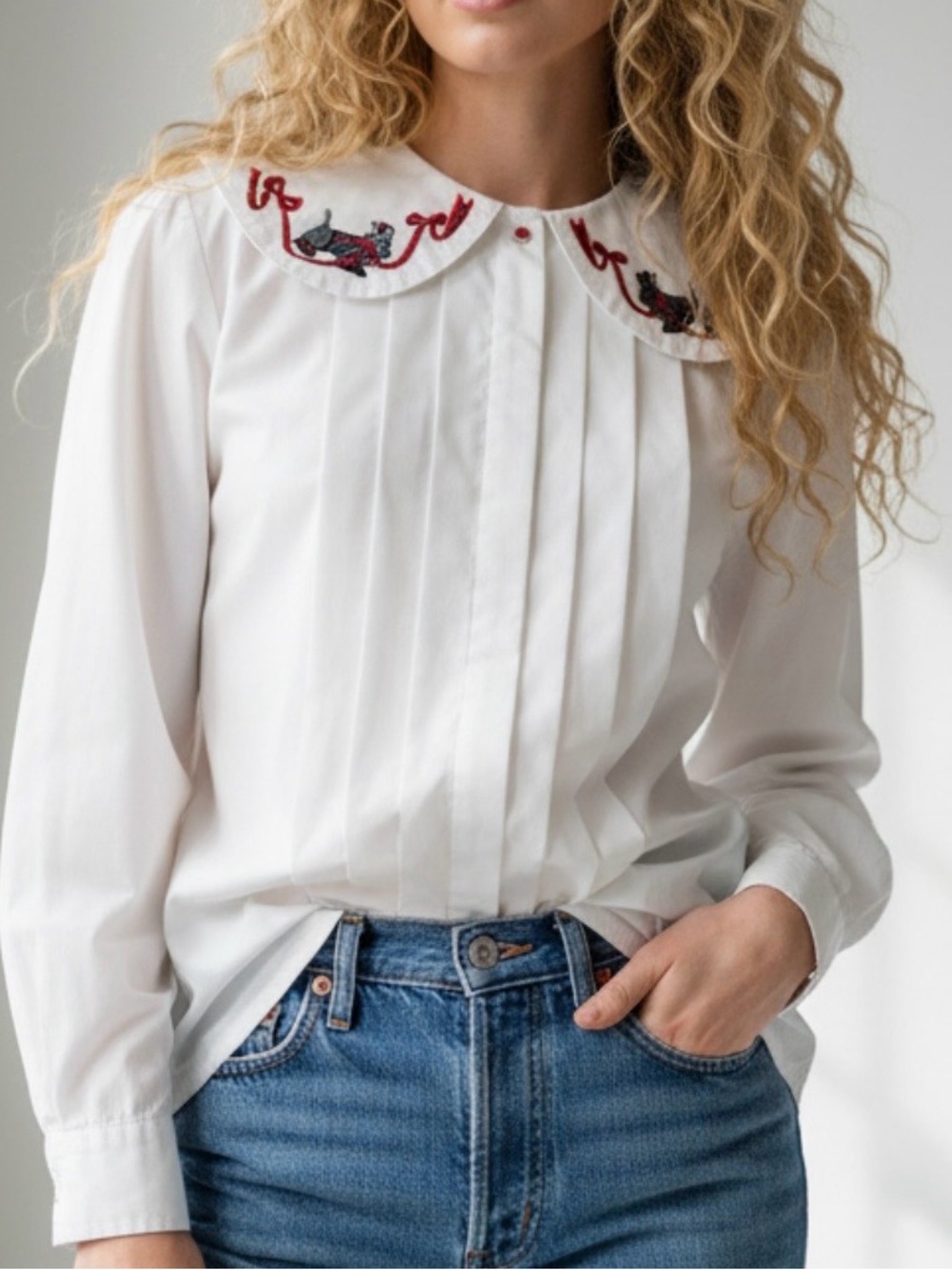 VINTAGE 1980s White Cotton Button-Down Blouse with Embroidered Peter Pan Collar - Picture 8 of 8